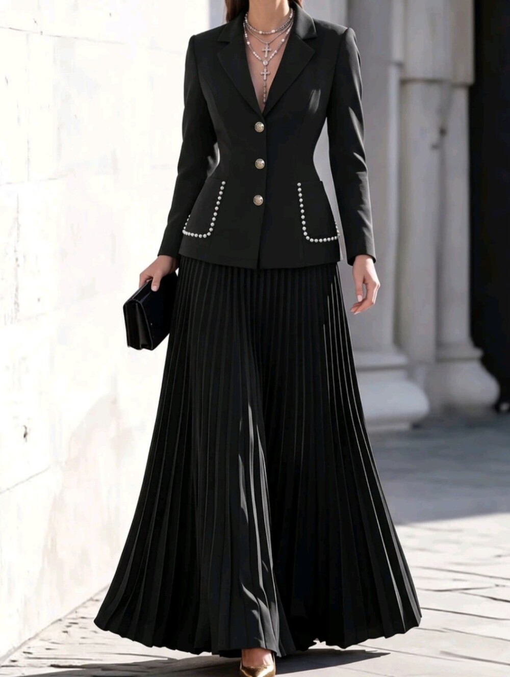 Elegant Business Formal Pearl Button Cinched Waist Blazer & Pleated Long Skirt 2